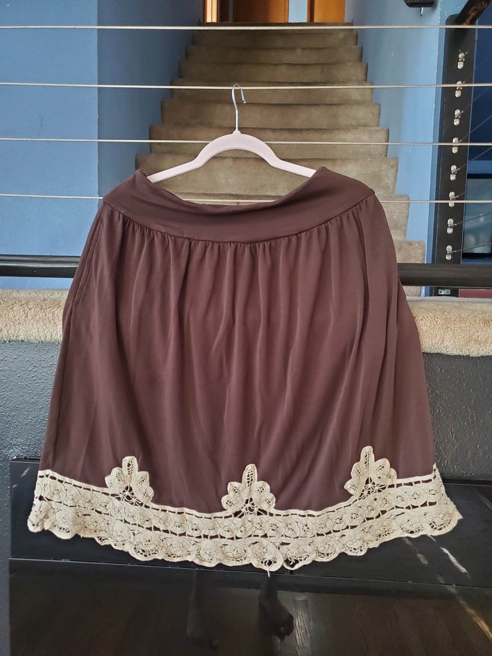 Ann Taylor Brown A-Line Skirt with Cream Crochet Trim